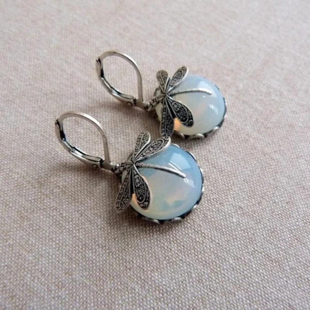 Silver Dragonfly Earrings with White Crystal