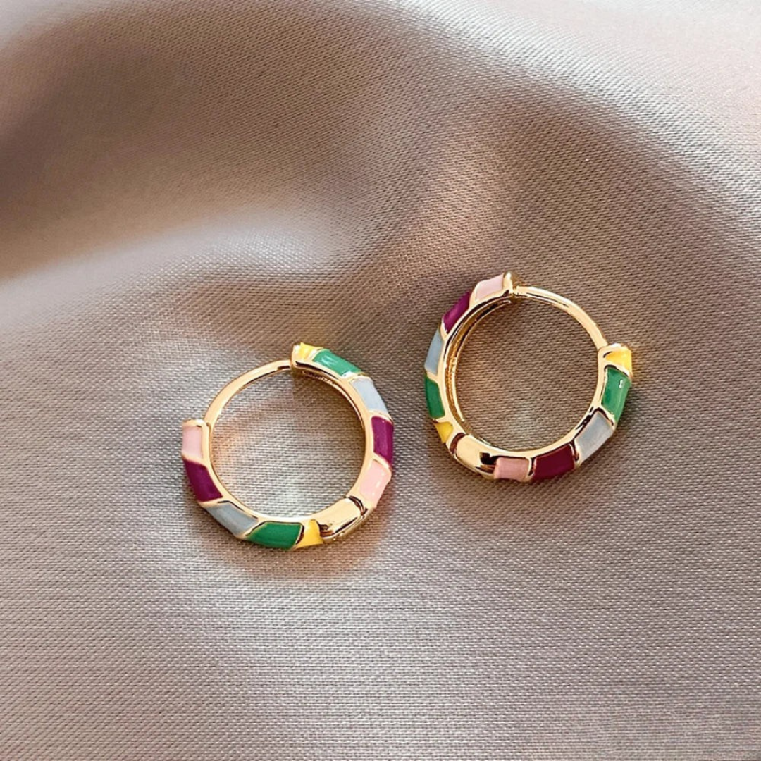 Stylish Gold Earrings with Multicolored Enamel