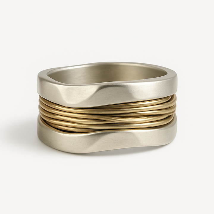 Silver ring with gold threads