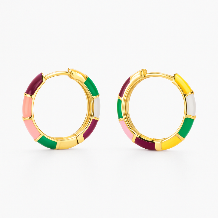 Stylish Gold Earrings with Multicolored Enamel